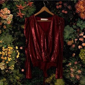 Astr red sequin puff shoulder bodysuit